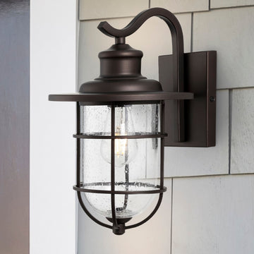 Westfield 10.5" Iron/Seeded Glass Rustic Industrial Cage LED Outdoor Lantern - JONATHAN Y